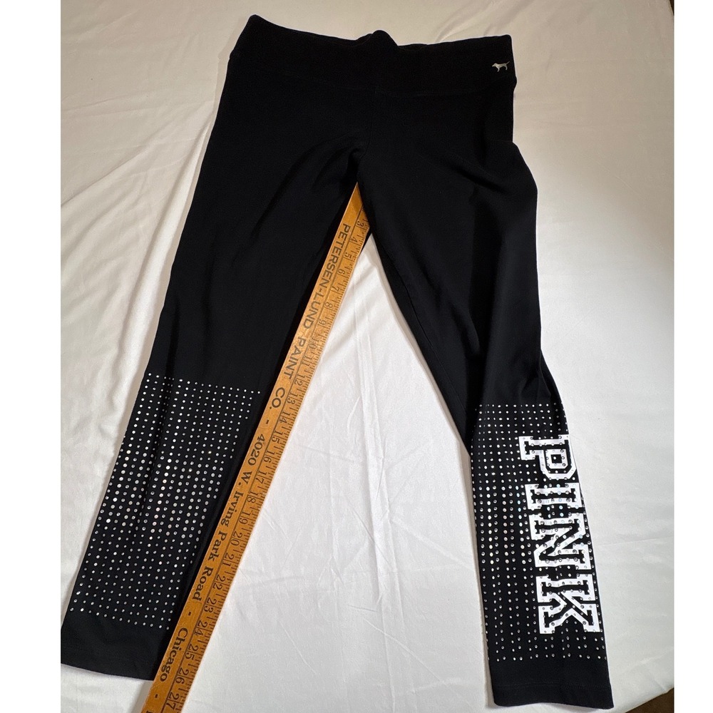 Victoria's Secret PINK Yoga Leggings XL Black Rhinestone Stud Logo Graphic